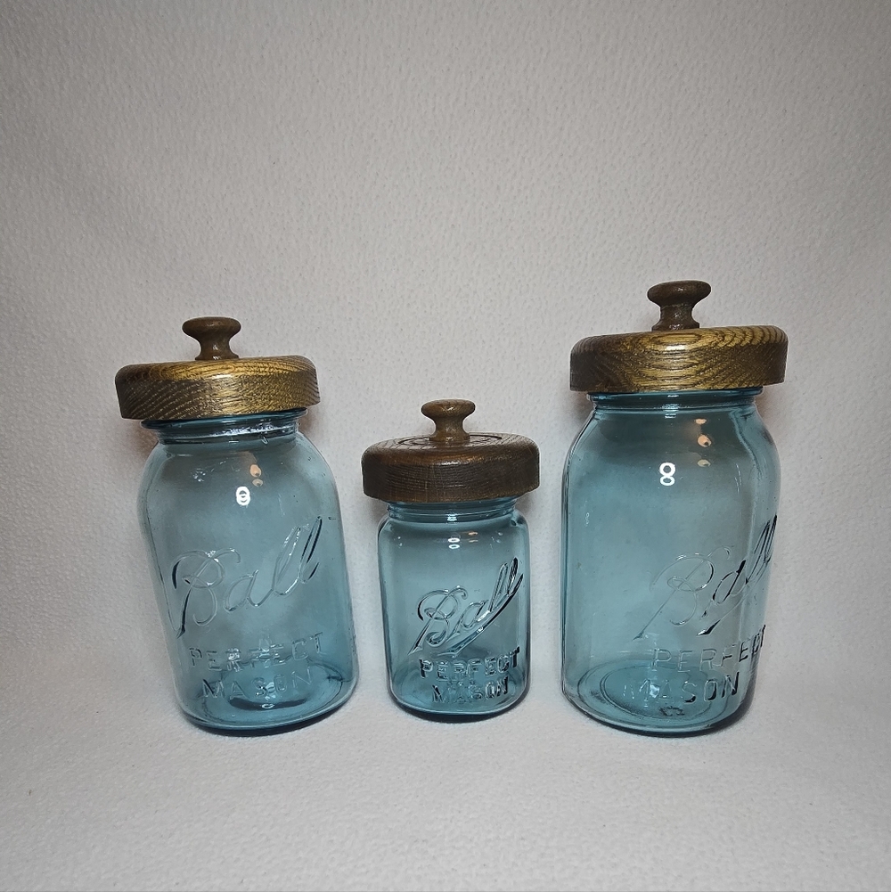 Mason Blue Jars with Brown Lids
